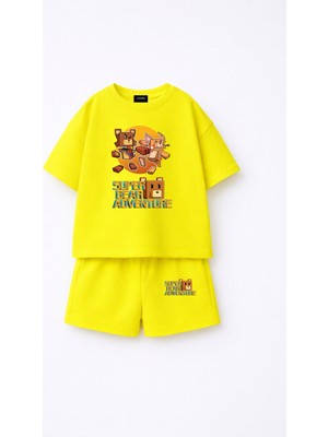 Fasardi Super Bear Adventure Süper Ayı Baskılı Oversize %100 Pamuk Tişört Şort 2li Çocuk Takım
