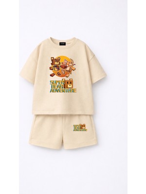 Fasardi Super Bear Adventure Süper Ayı Baskılı Oversize %100 Pamuk Tişört Şort 2li Çocuk Takım