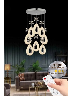 Damla Model 8'li Gümüş Kumandalı 3 Renk Modu Kristal Taşlı Modern Salon Mutfak Oturma Çocuk Odası LED Avize