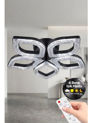 Yonca Model Siyah Kumandalı 5"li Ledli 3 Renk Modu Kristal Salon Mutfak Yatak Çocuk Odası LED Avize