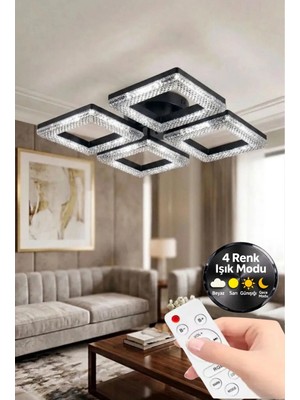 Yakamoz Model Siyah Kumandalı 4"lü Ledli 3 Renk Modu Kristal Salon Mutfak Yatak Çocuk Odası Avize