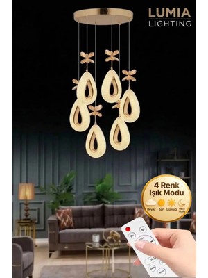Damla Model 6'lı Gold Kumandalı 3 Renk Modu Ledli Kristal Taşlı Modern Salon Mutfak Oturma Odası LED Avize