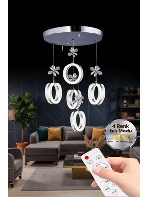 Aurea Model 5'li Gümüş Kumandalı 3 Renk Modu Ledli Kristal Taşlı Modern Salon Mutfak Oturma Odası LED Avize