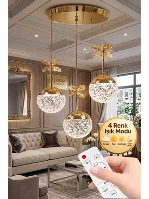 Küre Model 3'lü Gold Kumandalı 3 Renk Modu Ledli Kristal Taşlı Modern Salon Mutfak Oturma Odası LED Avize