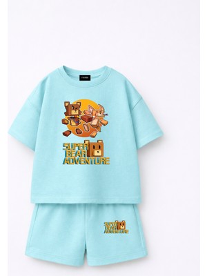 Fasardi Super Bear Adventure Süper Ayı Baskılı Oversize %100 Pamuk Tişört Şort 2li Çocuk Takım