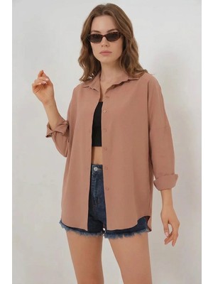 ALFA AKSESUAR 03 Kadın Oversize Kesim Basic Pamuklu Camel Gömlek
