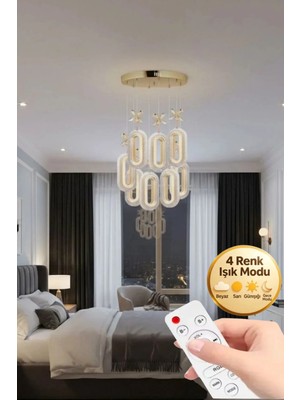 Eclipse Model 8'li Gold Kumandalı 3 Renk Modu Ledli Kristal Taşlı Modern Salon Mutfak Oturma Odası LED Avize