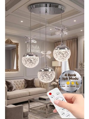 Küre Model 3'lü Gümüş Kumandalı 3 Renk Modu Ledli Kristal Taşlı Modern Salon Mutfak Oturma Odası LED Avize