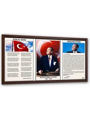 Atatürk Portresi Istiklal Marşı Gençliğe Hitabe Çerçeveli Tablo 3'lü Eğitim Seti Duvar Panosu Okul Sınıf Makam Odası Ofis Dekorasyonu Mdf Çerçeve