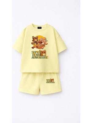 Fasardi Super Bear Adventure Süper Ayı Baskılı Oversize %100 Pamuk Tişört Şort 2li Çocuk Takım