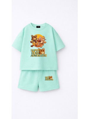 Fasardi Super Bear Adventure Süper Ayı Baskılı Oversize %100 Pamuk Tişört Şort 2li Çocuk Takım