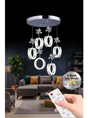 Aurea Model 6'lı Gümüş Kumandalı 3 Renk Modu Ledli Kristal Taşlı Modern Salon Mutfak Oturma Odası LED Avize