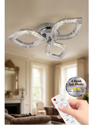 Yonca Model Gümüş Kumandalı 3"lü Ledli 3 Renk Modu Kristal Salon Mutfak Yatak Çocuk Odası Avize