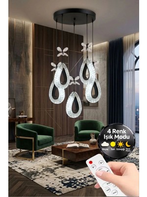 Damla Model 5"li Siyah Kumandalı 3 Renk Modu Ledli Kristal Taşlı Modern Salon Mutfak Oturma Odası LED Avize