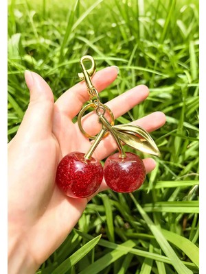 Wolawood Cherry 3D Kırmızı Kiraz Altın Detaylı Çanta Süsü & Anahtarlık Charm Aksesuar, Trend Moda ~ Vişne Dekor Hediyelik Takı Özel Seri