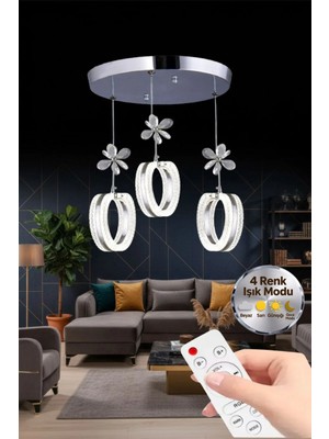 Aurea Model 3'lü Kumandalı Gümüş 3 Renk Modu Ledli Kristal Taşlı Modern Salon Mutfak Oturma Odası LED Avize