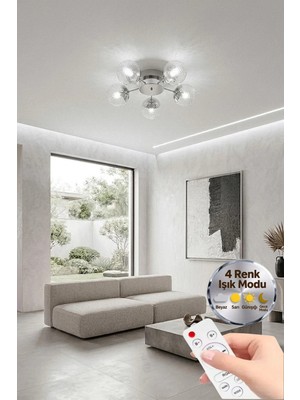 Küre Model Gümüş 5"li Kumandalı Ledli 3 Renk Modu Kristal Salon Mutfak Yatak Çocuk Odası Avize