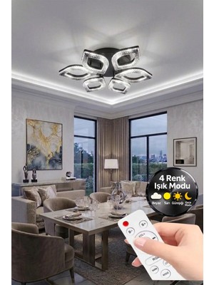 Yonca Model Siyah Kumandalı 6"lı Ledli 3 Renk Modu Kristal Salon Mutfak Yatak Çocuk Odası Avize