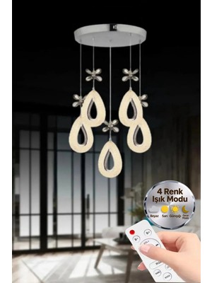 Damla Model 5'li Gümüş Kumandalı 3 Renk Modu Ledli Kristal Taşlı Modern Salon Mutfak Oturma Odası LED Avize