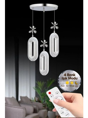 Eclipse Model 3'lü Kumandalı Gümüş 3 Renk Modu Ledli Kristal Taşlı Modern Salon Mutfak Oturma Odası LED Avize