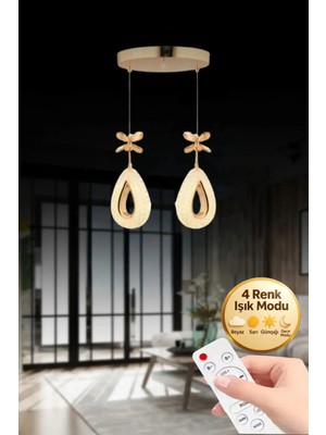Damla Model 2'li Gold Kumandalı 3 Renk Modu Ledli Kristal Taşlı Modern Salon Mutfak Oturma Odası LED Avize