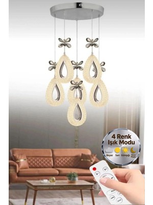 Damla Model 6'lı Gümüş Kumandalı 3 Renk Modu Ledli Kristal Taşlı Modern Salon Mutfak Oturma Odası LED Avize