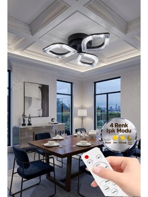 Yonca Model Kumandalı Siyah 3"lü Ledli 3 Renk Modu Kristal Salon Mutfak Yatak Çocuk Odası Avize