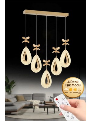 Damla Model 5"li Gold Kumandalı 3 Renk Modu Yemek Masası Oturma Çocuk Yatak Odası Modern Ledli Avize