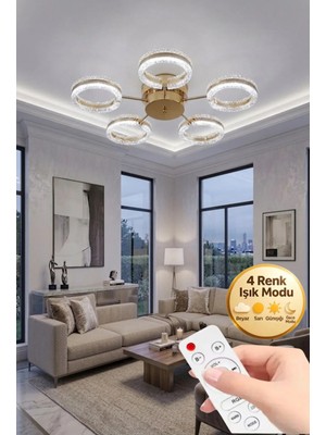 Aurea Model Gold Kumandalı 5"li Ledli 3 Renk Modu Kristal Salon Mutfak Yatak Çocuk Odası Avize