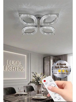 Yonca Model Gümüş Kumandalı 4"lü Ledli 3 Renk Modu Kristal Salon Mutfak Yatak Çocuk Odası Avize