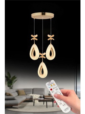 Damla Model 3'lü Gold Kumandalı 3 Renk Modu Ledli Kristal Taşlı Modern Salon Mutfak Oturma Odası LED Avize