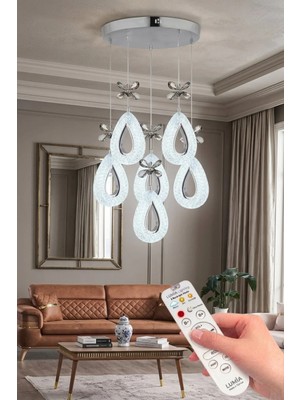 Damla Model 6'lı Gümüş Kumandalı 3 Renk Modu Ledli Kristal Taşlı Modern Salon Mutfak Oturma Odası LED Avize