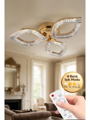 Yonca Model Gold Kumandalı 3"lü Ledli 3 Renk Modu Kristal Salon Mutfak Yatak Çocuk Odası Avize