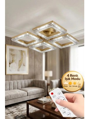 Yakamoz Model Gold Kumandalı 4"lü Ledli 3 Renk Modu Kristal Salon Mutfak Yatak Çocuk Odası Avize