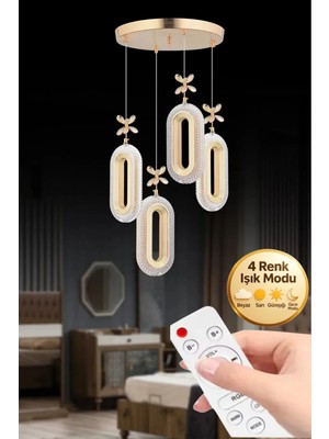 Eclipse Model 4'lü Gold Kumandalı 3 Renk Modu Ledli Kristal Taşlı Modern Salon Mutfak Oturma Odası LED Avize
