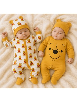 Omeca Concept Winnie The Pooh Baskılı 2'li Bebek Tulum Seti Sarı Renkli %100 Pamuk Şapkalı Fitted Tasarım