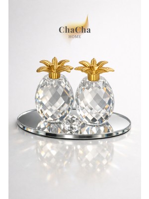 YNSK Ong Laı- Dekoratif Kristal Cam Ananas Dekor Obje – Gold Metal Çiçek, 11X8 cm Aynalı Standlı