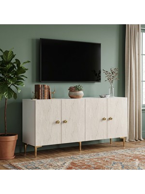 Yumedi Design KA1817BT - Squarel Konsol, Tv Sehpası, Çok Amaçlı Dolap ve Kahve Köşesi 180CM Beyaz-Traverten