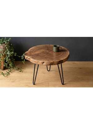 Pera Home Doğal Masif Ceviz Kütük Yan Sehpa - Firkete Metal Ayaklı Ahşap Sehpa - Tekli Zigon Sehpa - Small 20–25 cm