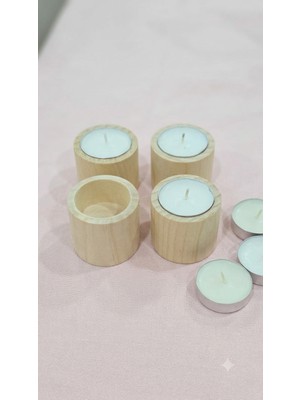 YNSK 4'lü Doğal Ham Ahşap Tealight Mumluk Seti + 4 Adet Mum Hediyeli