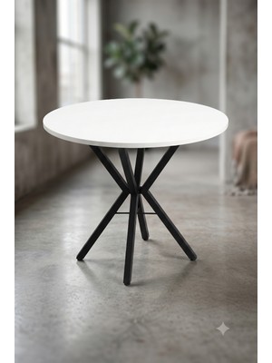 Decosense 80 cm Beyaz Tabla Siyah Metal Ayak 2-3 Kişilik Yuvarlak Masa Mutfak Masası Balkon Masası Kafe Masası Ofis Masası