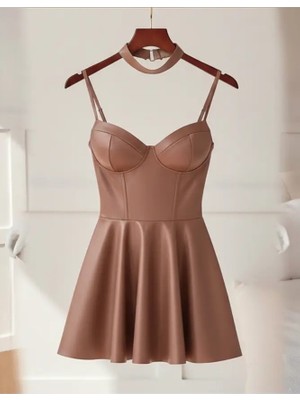Passione Bronz Deri Görünümlü Fantazi Babydoll Gecelik Seksi Askılı Kloş Mini Elbise - 21094