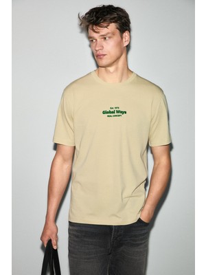 Grimelange Jumılla Erkek %100 Pamuk Yumuşak Kumaşlı Baskılı Yuvarlak Yaka Bej T-Shirt