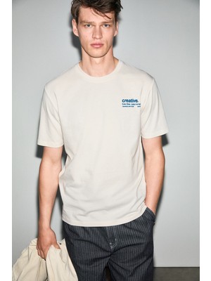 Grimelange Jumılla Erkek %100 Pamuk Yumuşak Kumaşlı Baskılı Yuvarlak Yaka Beyaz T-Shirt