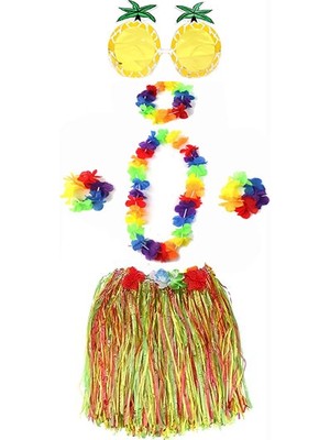 Go İthalat Yetişkin ve Çocuk Uyumlu Luau Aloha Hawaii Rengarenk 40 cm Etek Ananas Şekilli Gözlük Hawaii Kolye Renkli Taç ve 2 Adet Bileklik Seti (5615)