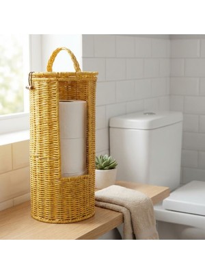 Go İthalat Askılı Plastik Rattan Tuvalet Kâğıdı Standı – Hasır Görünümlü, Kapaklı, Yedekli Wc Kâğıtlık, Banyo ve Tuvalet Için Dekoratif Organizer (5615)