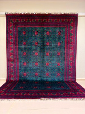 El Dokuma Afgan Halı Yeşil ve Bordo Renk Kök Boya 253 x 343 cm