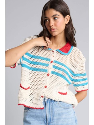 DeFacto Regular Fit Polo Yaka Ajurlu Triko Ekru Hırka H7874AX26SM