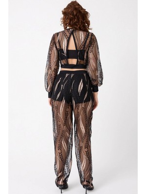 Marsilyan™- Bralet Sütyen Transparan Gömlek ve Pantolon Takım Siyah (MGP32486)