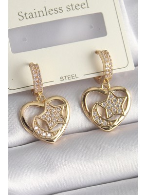 Pirinç Gold Renk Zirkon Taşlı Kalp Model Ay Yıldız Işleme Kadın Küpe 5886